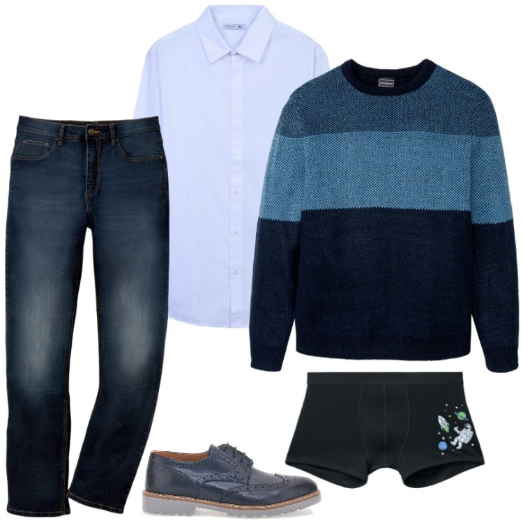 Outfit uomo - Alla moda. Stile Casual per Ufficio. Abbinamento con jeans dritti, maglieria, boxer, camicie, scarpe stringate.