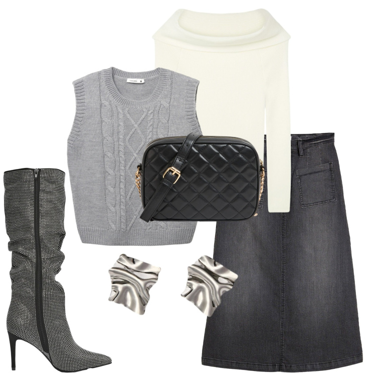 Outfit donna - Il gilet nelle giornate fresche. Stile Casual per Ufficio. Abbinamento con gonne longuette, borse a tracolla, maglieria, maglieria, stivali, orecchini.