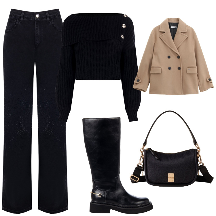 Outfit donna - Total look #2275915. Stile Casual chic per Tutti i giorni. Abbinamento con stivali sopra il ginocchio, jeans dritti, maglieria, cappotti, borse a spalla.