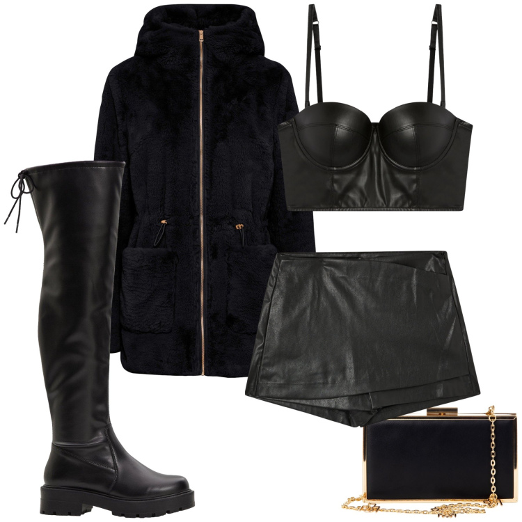 Outfit donna - E sotto il cappotto.... Stile Sexy per Serata fuori. Abbinamento con stivali sopra il ginocchio, ecopellicce, minigonne, bralette, pochette.