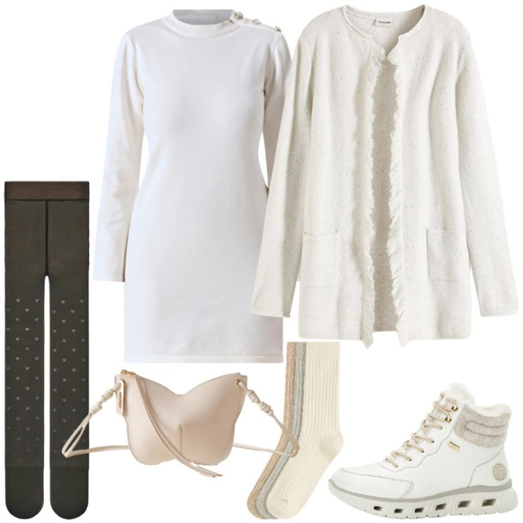 Outfit donna - Collant nude trasparenti con cuori. Stile Casual per Tutti i giorni. Abbinamento con cardigans, calzini, stivaletti, collant, vestiti corti, borse a tracolla.