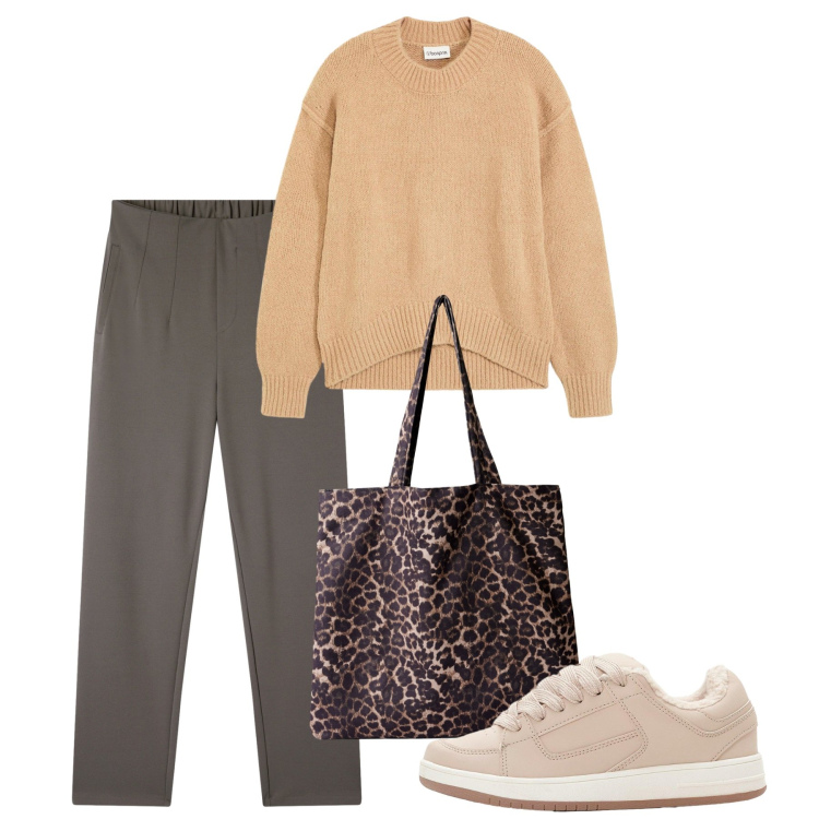 Outfit donna - Mannish. Stile Mannish per Tutti i giorni. Abbinamento con sneakers, maglieria, shopping bag, pantaloni chino.