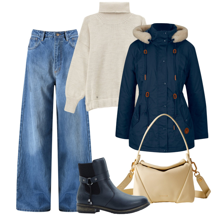 Outfit donna - Il parka evergreen. Stile Casual per Tutti i giorni. Abbinamento con parka, stivaletti chelsea, jeans, maglieria, borse a spalla.