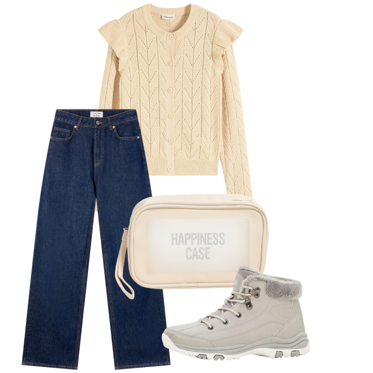Outfit donna - Ottobre. Stile Basic per Tutti i giorni. Abbinamento con stivaletti, cardigans, jeans, valigie.