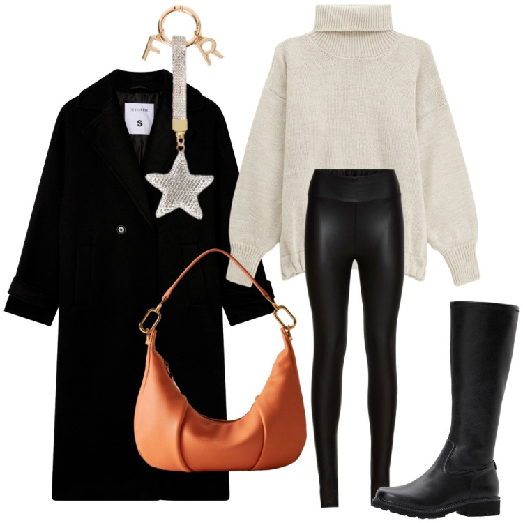 Outfit donna - Total look #2275927. Stile Urban per Tutti i giorni. Abbinamento con treggings, stivali, cappotti, maglieria, borse a spalla, portachiavi.