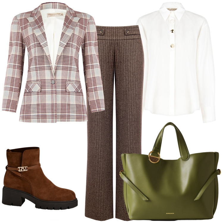Outfit donna - In ufficio. Stile Casual per Ufficio. Abbinamento con pantaloni, camicie, stivaletti, blazer, shopping bag.
