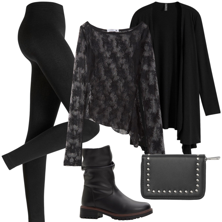 Outfit donna - Cardigan e leggings. Stile Urban per Tutti i giorni. Abbinamento con cardigans, leggings, stivali, maglieria, portafogli.