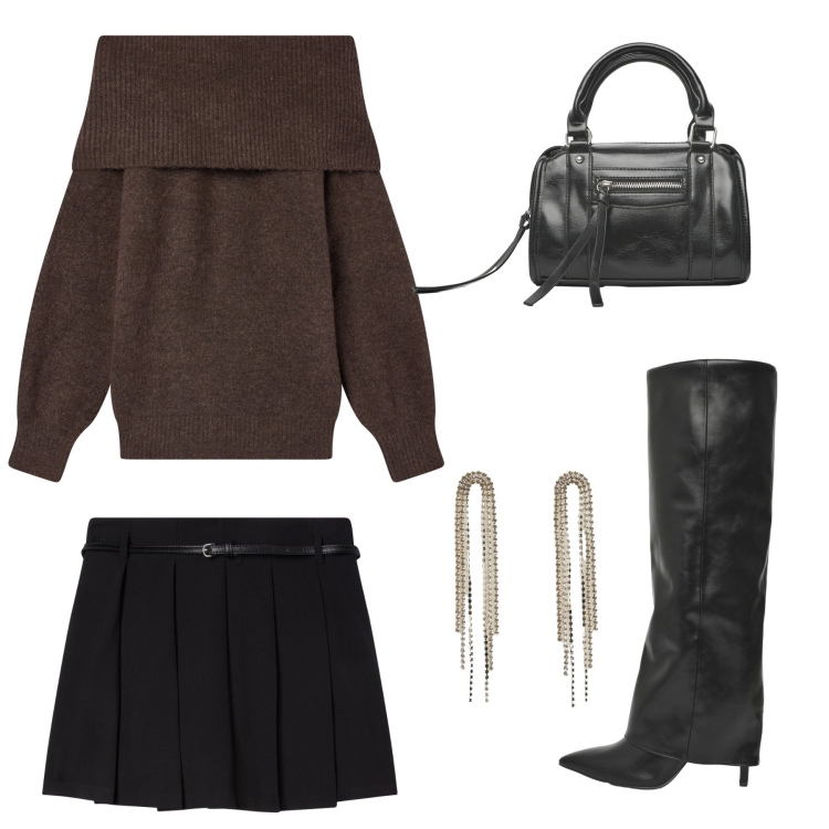 Outfit donna - Total look #2275931. Stile Chic per Tutti i giorni. Abbinamento con orecchini, borse a mano, minigonne, stivali, maglieria.