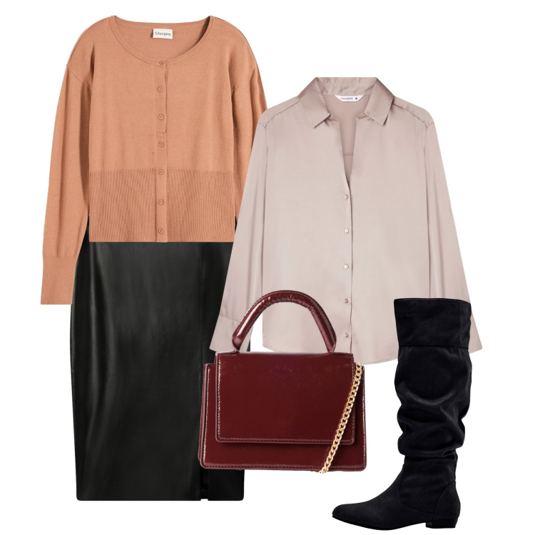 Outfit donna - Cipolla. Stile Bon Ton per Ufficio. Abbinamento con stivali, cardigans, gonne longuette, borse a tracolla, camicie.