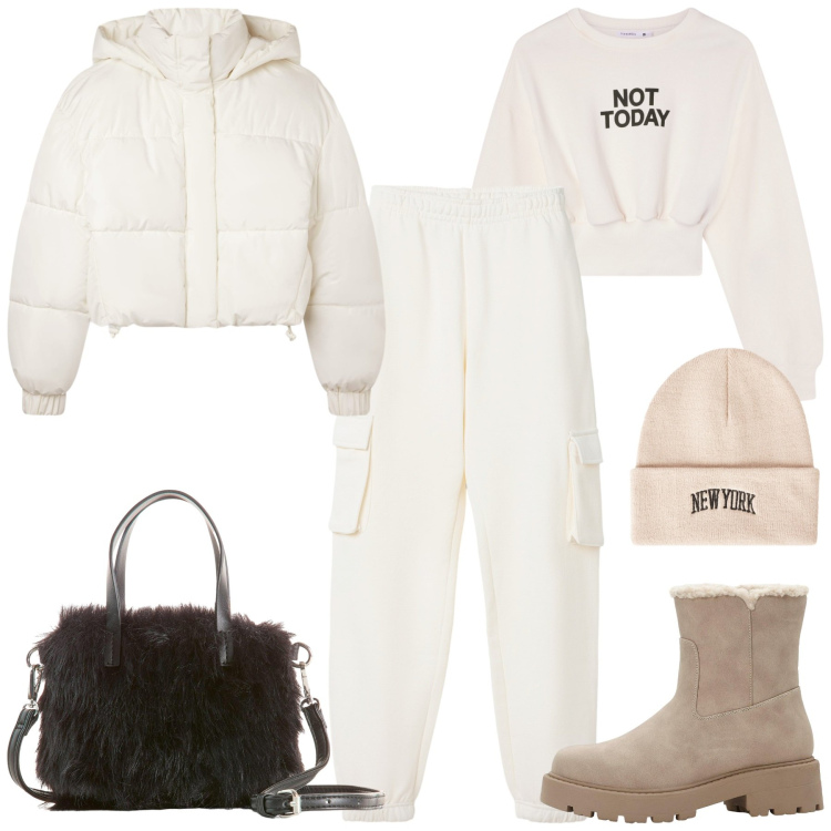 Outfit donna - Ottobre. Stile Casual per Tutti i giorni. Abbinamento con stivaletti, borse a mano, felpe, bomber, pantaloni, berretti.