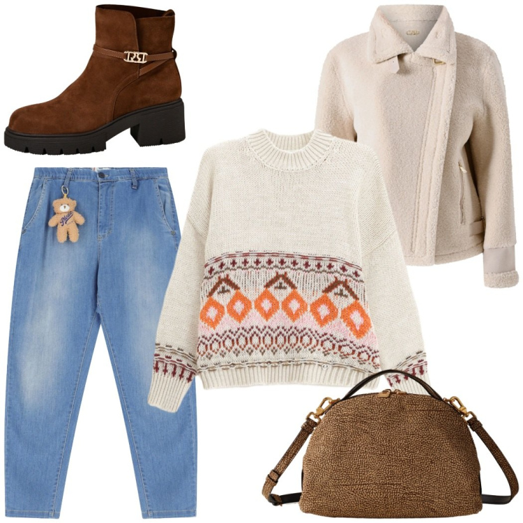 Outfit donna - Total look #2275938. Stile Casual per Scuola/Università. Abbinamento con stivaletti, ecopellicce, jeans, maglieria, borse a mano.