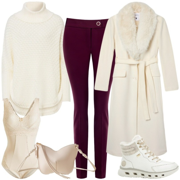 Outfit donna - Un outfit che fa centro sempre. Stile Trendy per Tutti i giorni. Abbinamento con maglieria, body, stivaletti, cappotti, pantaloni, borse a tracolla.