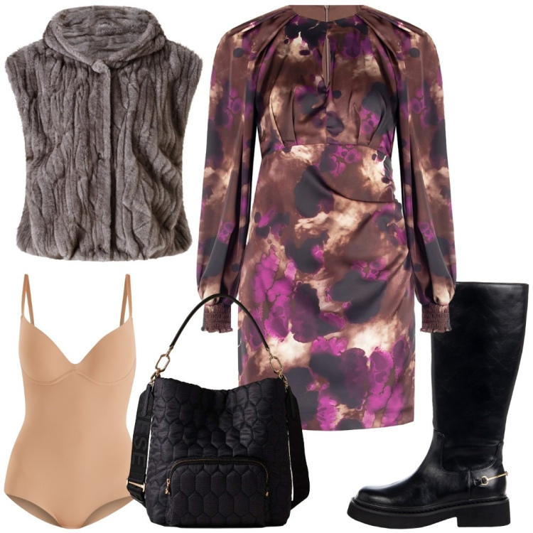 Outfit donna - Total look #2275945. Stile Chic per Serata fuori. Abbinamento con borse a secchiello, body, piumini, stivali sopra il ginocchio, vestiti corti.