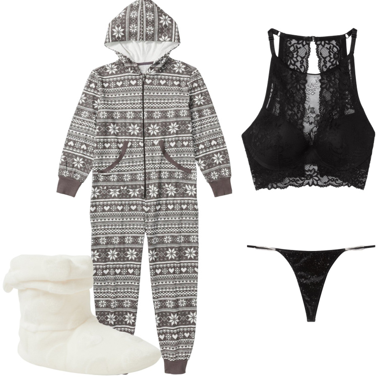 Outfit donna - Sorpresa sotto il pigiamone!. Stile Sexy per Tutti i giorni. Abbinamento con tute, pantofole, perizomi, bralette.