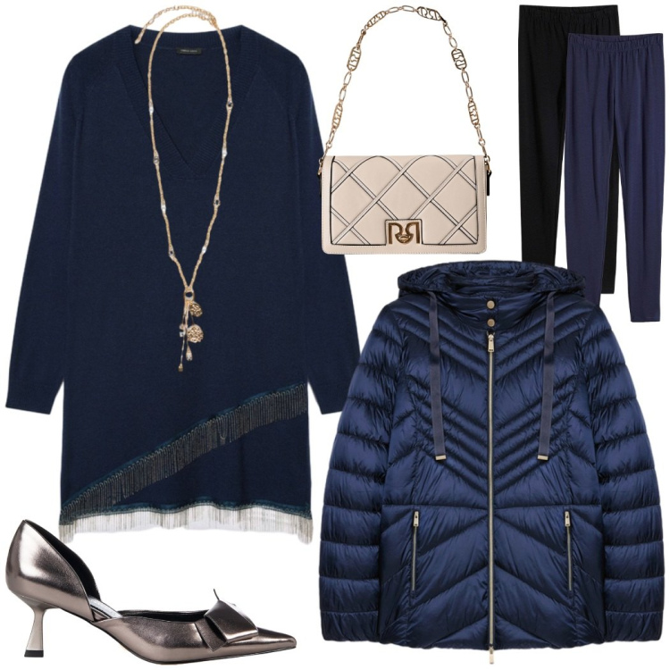 Outfit donna - Total look #2275950. Stile Casual chic per Serata fuori. Abbinamento con leggings, décolleté, borse a tracolla, maglieria, ciondoli, piumini.