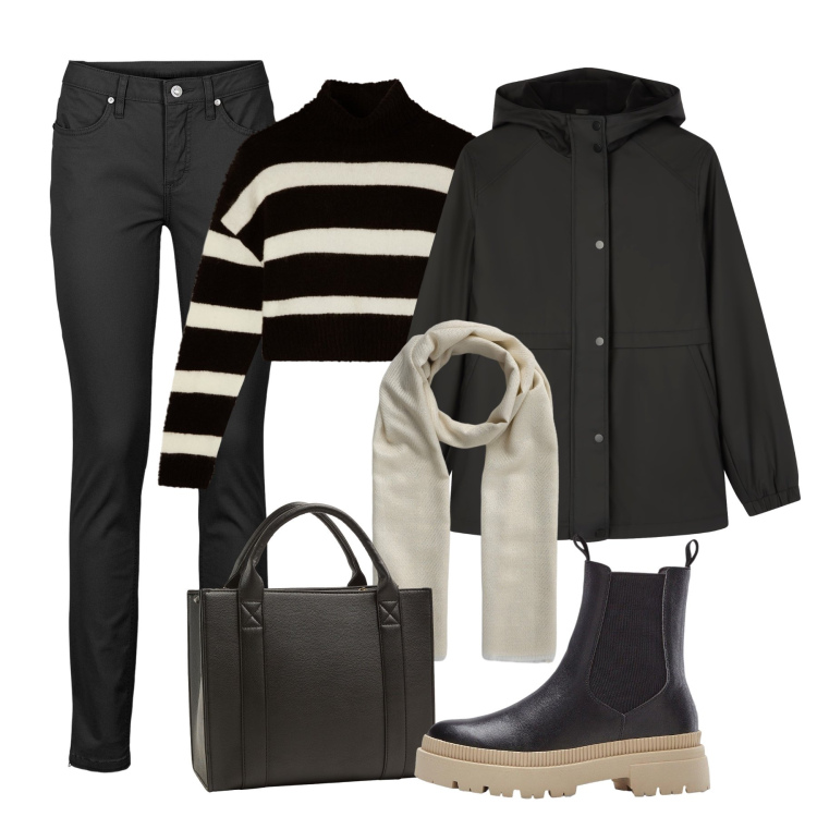 Outfit donna - Pioggia in città. Stile Urban per Tutti i giorni. Abbinamento con jeans skinny, stivaletti chelsea, borse tote, foulard, maglieria, blazer.