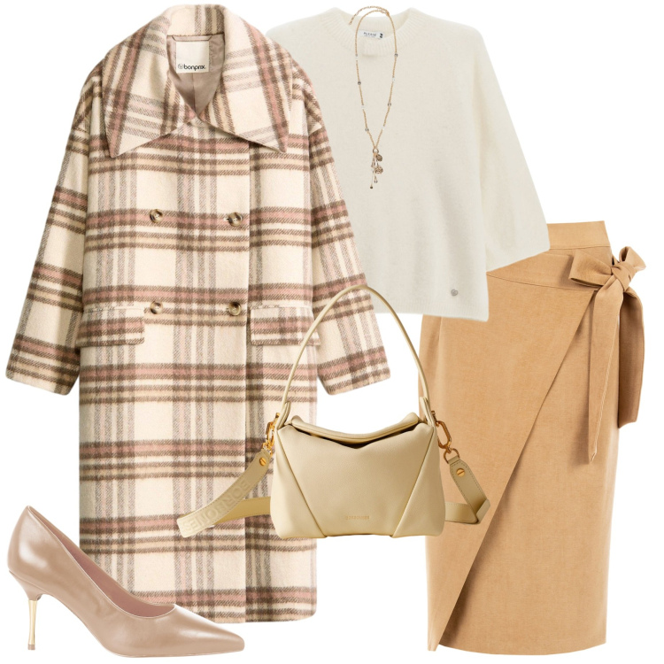 Outfit donna - Cappotto scozzese. Stile Casual chic per Serata fuori. Abbinamento con cappotti, décolleté, gonne longuette, pullovers, borse a spalla, ciondoli.