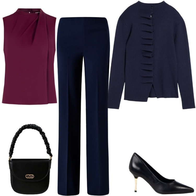 Outfit donna - Elegante Top Bordeaux. Stile Chic per Tutti i giorni. Abbinamento con cardigans, pantaloni a palazzo, top, décolleté, borse a mano.