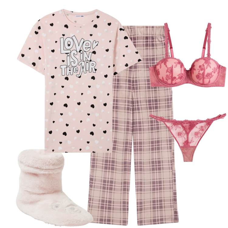 Outfit donna - Sogno d\'oro!. Stile Romantica per Tutti i giorni. Abbinamento con perizomi, reggiseni a balconcino, pantofole, pigiama, pigiama.