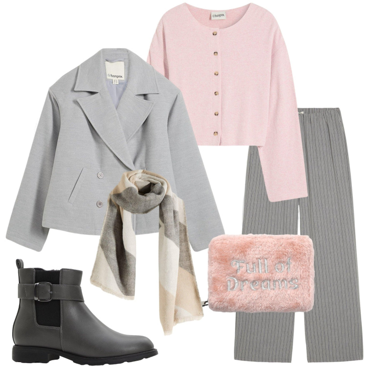 Outfit donna - Colori tenui. Stile Basic per Tutti i giorni. Abbinamento con caban, pantaloni, cardigans, stivaletti chelsea, foulard, portafogli.