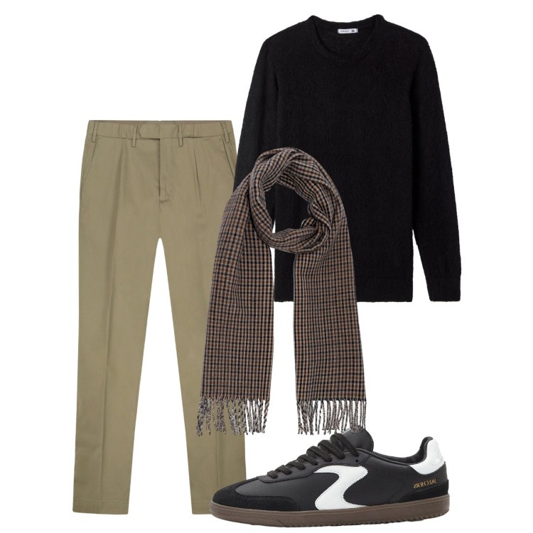 Outfit uomo - Ottobre. Stile Casual per Tutti i giorni. Abbinamento con sneakers, maglieria, pantaloni, sciarpe.