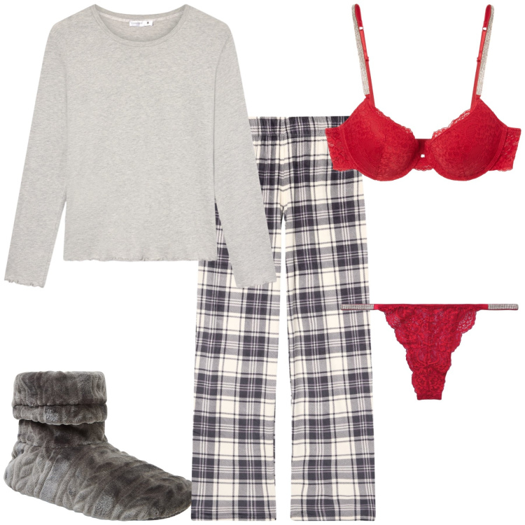 Outfit donna - Andiamo a dormire?. Stile Romantica per Tutti i giorni. Abbinamento con pantofole, culotte, reggiseni a balconcino, pigiama, pigiama.