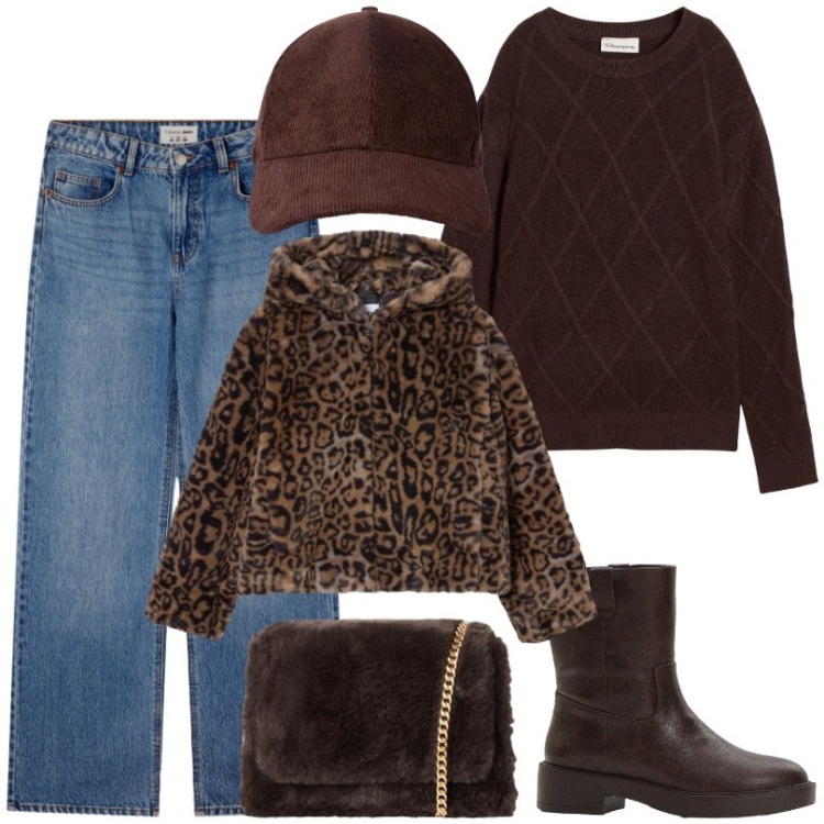 Outfit donna - Dettagli animalier di tendenza 2025/26. Stile Urban per Tutti i giorni. Abbinamento con stivaletti, maglieria, jeans, ecopellicce, cappelli con visiera, borse a tracolla.