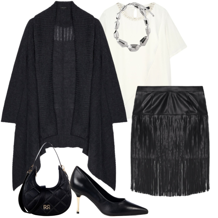 Outfit donna - Gonna con frange. Stile Glamour per Serata fuori. Abbinamento con borse a tracolla, décolleté, bluse, minigonne, ciondoli, cardigans.