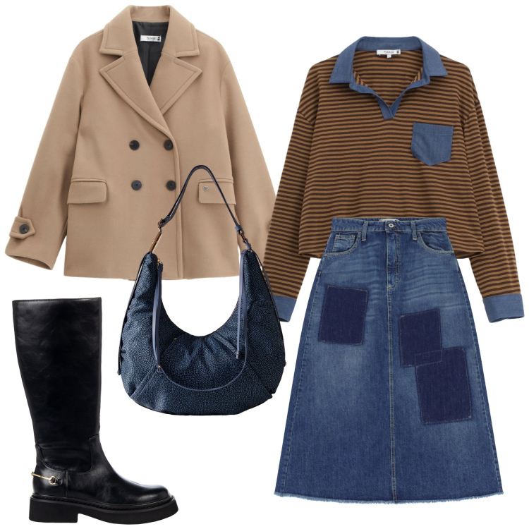 Outfit donna - Total look #2275989. Stile Urban per Tutti i giorni. Abbinamento con stivali sopra il ginocchio, cappotti, gonne lunghe, t-shirt, borse a spalla.