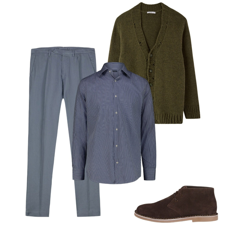 Outfit uomo - Autunno. Stile Casual per Tutti i giorni. Abbinamento con cardigans, pantaloni, stivali e stivaletti, camicie.