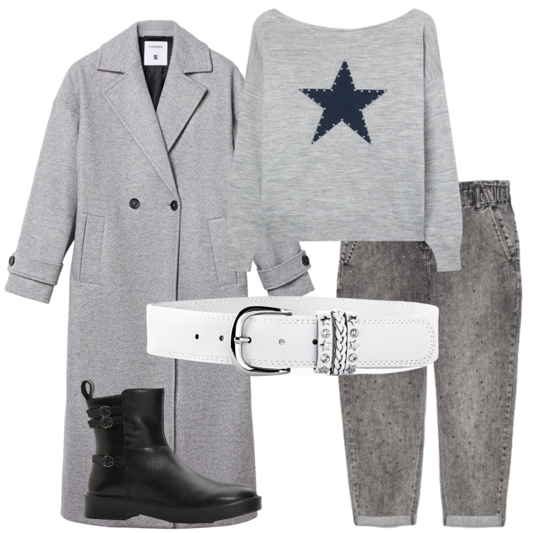 Outfit donna - Total look #2275991. Stile Casual per Tutti i giorni. Abbinamento con cinture, stivaletti, maglieria, cappotti, jeans.