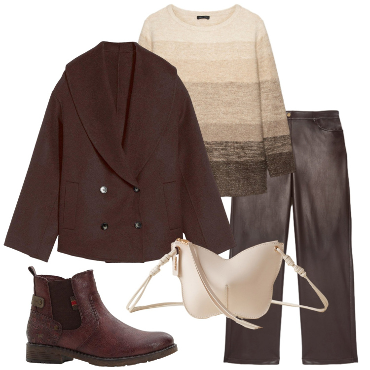 Outfit donna - Mocha mousse. Stile Urban per Tutti i giorni. Abbinamento con caban, stivaletti chelsea, borse a tracolla, pantaloni, maglieria.
