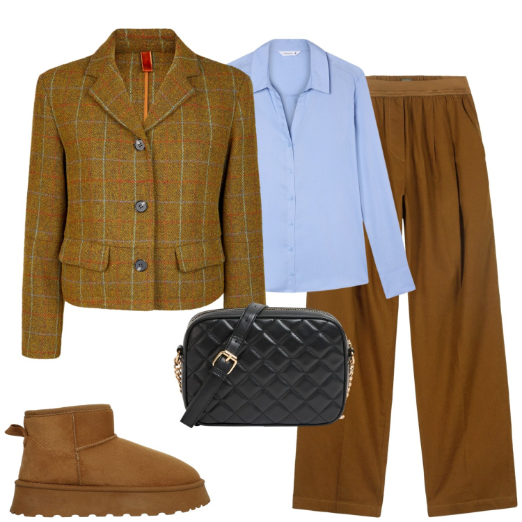 Outfit donna - Total look #2275993. Stile Urban per Tutti i giorni. Abbinamento con borse a tracolla, camicie, stivali, pantaloni, blazer.