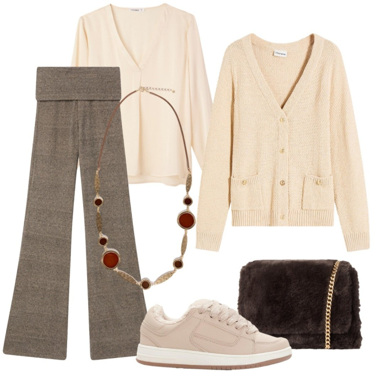 Outfit donna - Total look #2275994. Stile Casual chic per Serata fuori. Abbinamento con cardigans, sneakers, bluse, borse a tracolla, leggings, collane.