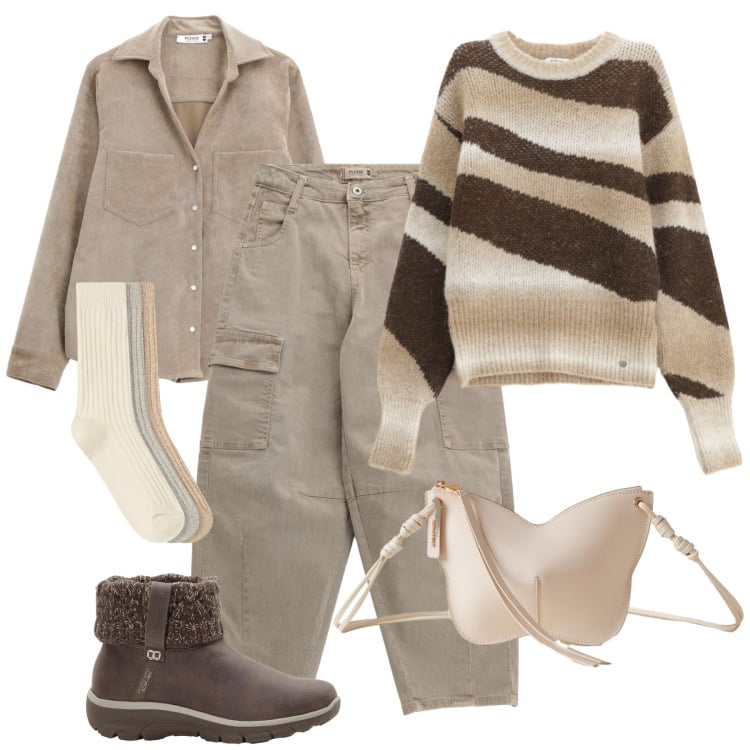 Outfit donna - Gita in campagna. Stile Casual per Tutti i giorni. Abbinamento con stivaletti, calzini, pullovers, pantaloni chino, camicie, borse a tracolla.