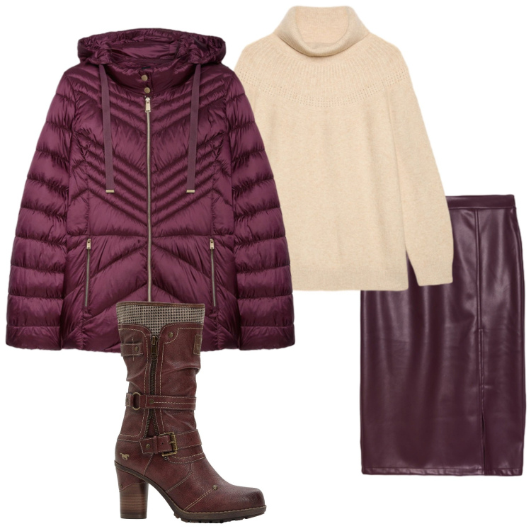 Outfit donna - Urban curvy. Stile Urban per Tutti i giorni. Abbinamento con stivali, piumini, gonne longuette, maglieria.