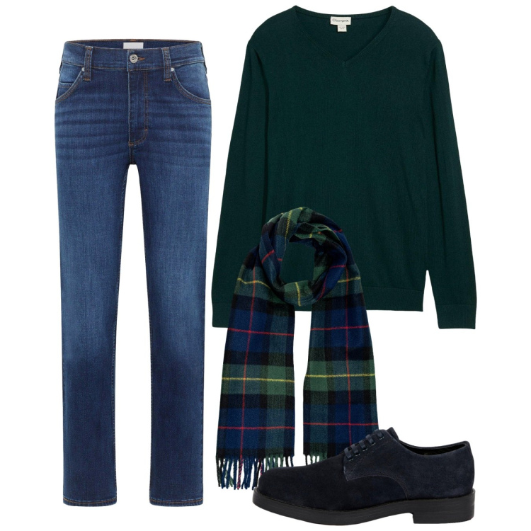 Outfit uomo - Autunno. Stile Casual per Tutti i giorni. Abbinamento con jeans dritti, maglieria, scarpe stringate, sciarpe.