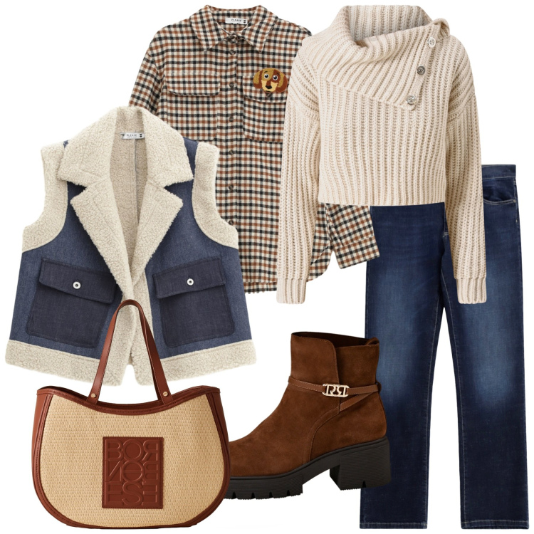 Outfit donna - Total look #2276009. Stile Urban per Tutti i giorni. Abbinamento con maglieria, stivaletti, gilet, jeans dritti, camicie, shopping bag.