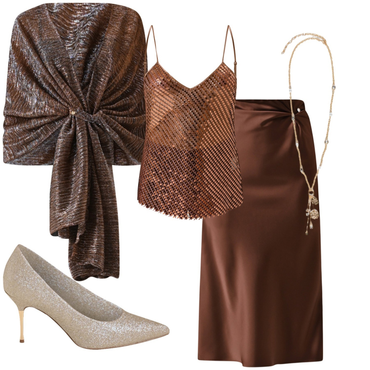 Outfit donna - Rame e oro. Stile Glamour per Serata fuori. Abbinamento con gonne longuette, canottiere, stole, décolleté, ciondoli.