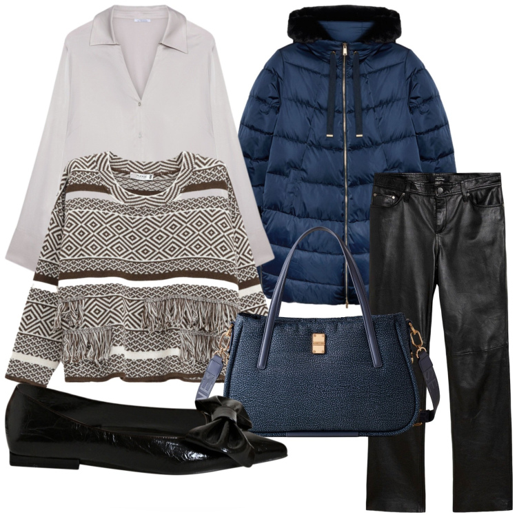 Outfit donna - Total look #2276018. Stile Casual chic per Ufficio. Abbinamento con pantaloni, ballerine, maglieria, shopping bag, camicie, piumini.