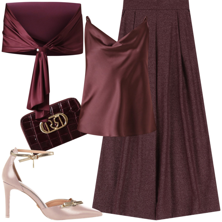 Outfit donna - Un Borgogna che fa innamorare. Stile Romantica per Cerimonia. Abbinamento con pantaloni a palazzo, scialli, décolleté, portafogli, canottiere.
