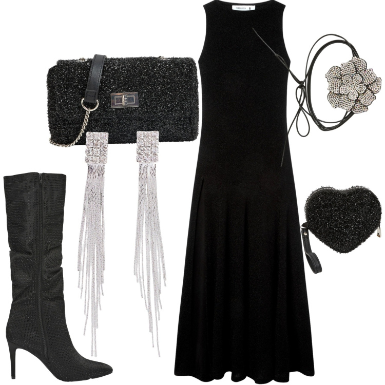 Outfit donna - Serata. Stile Casual chic per Serata fuori. Abbinamento con orecchini, borse a tracolla, collane, portafogli, stivali, vestiti lunghi.