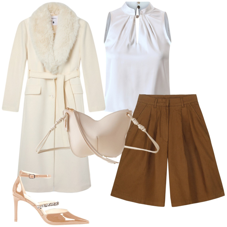 Outfit donna - Un look alternativo per una sera special. Stile Glamour per Serata fuori. Abbinamento con cappotti, bluse, décolleté, borse a tracolla, bermuda.