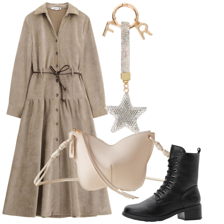 Outfit donna - Ottobre. Stile Bon Ton per Tutti i giorni. Abbinamento con stivaletti, vestiti lunghi, borse a tracolla, portachiavi.