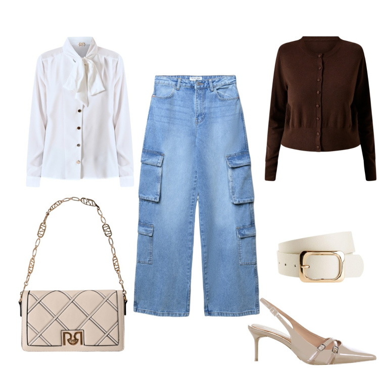 Outfit donna - Casual day. Stile Sporty chic per Tutti i giorni. Abbinamento con cinture, jeans, décolleté, borse a tracolla, cardigans, bluse.