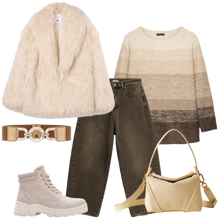 Outfit donna - Total look #2276037. Stile Casual chic per Tutti i giorni. Abbinamento con stivaletti, ecopellicce, cinture, pantaloni a palazzo, borse a spalla, maglieria.