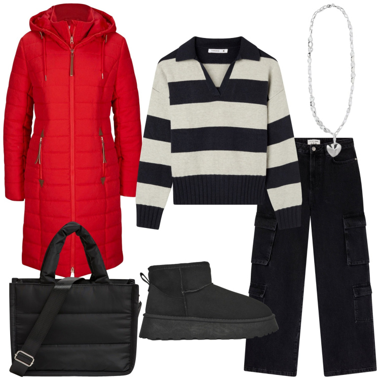 Outfit donna - Total look #2276038. Stile Casual per Tutti i giorni. Abbinamento con blazer, shopping bag, maglieria, jeans, stivaletti, collane.