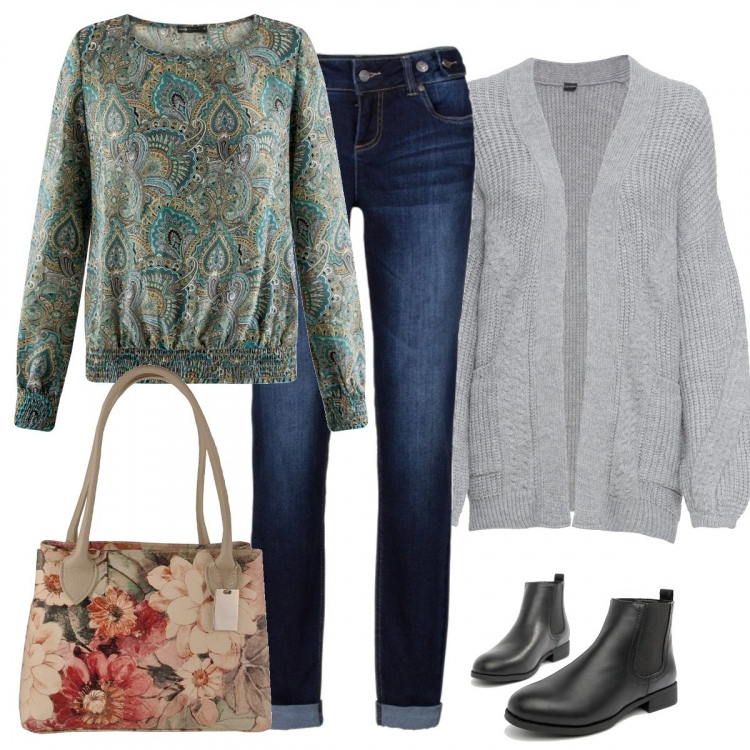 Outfit donna - Fiori stilizzati. Stile Basic per Tutti i giorni. Abbinamento con jeans boyfriend, cardigan a trecce con tasche grigio e corda, camicetta con stampa e scollo verde, stivaletti chelsea, borsa a tracolla fantasia con zip beige.