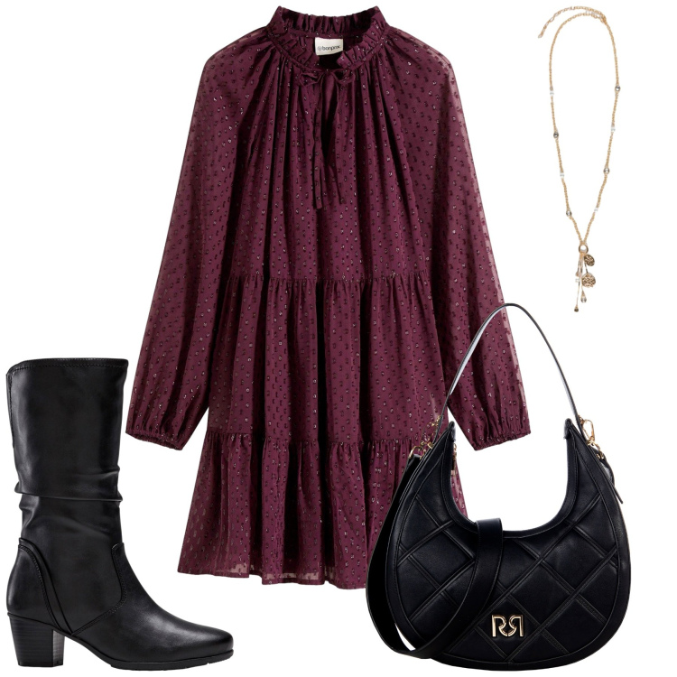 Outfit donna - Total look #2276041. Stile Glamour per Ufficio. Abbinamento con vestiti, stivali, borse a tracolla, ciondoli.