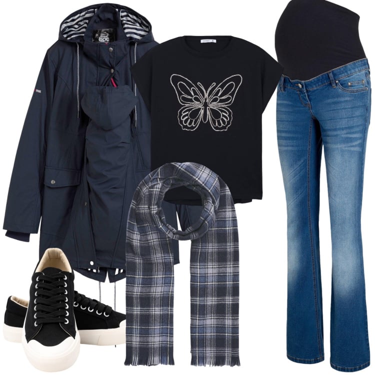 Outfit donna - Quando nasce?. Stile Casual per Tutti i giorni. look ideale per Premaman. Abbinamento con jeans bootcut, blazer, sciarpe, t-shirt, sneakers.